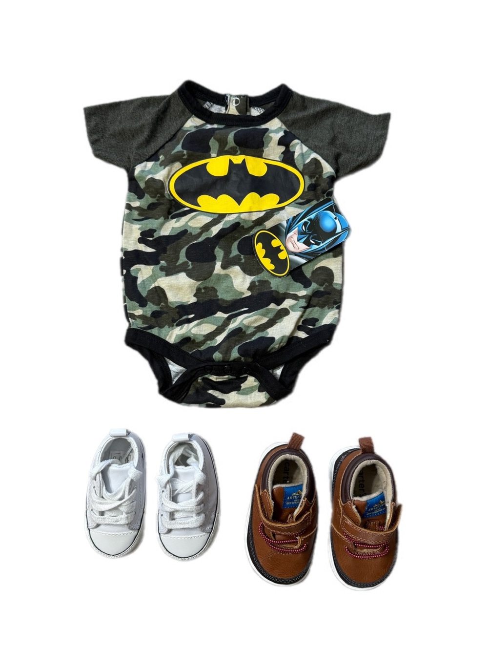 Camo Batman Logo Baby One-Piece Bodysuit - White Convers and Carters Shoes 1 - 2